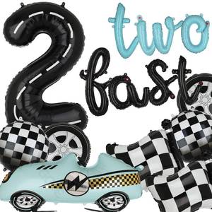 lot 12003 image: Two Fast Birthday Decorations 40 Inch Racetrack Number Balloons 2 Black Two Fast Letter Banner Balloon 2nd Racing Vintage Race Car Racing Theme Birthday Party Decor Set Black Blue