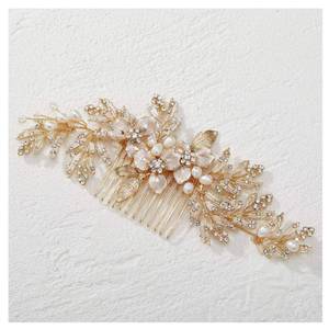 lot 12007 image: SWEETV Silver Bridal Hair Comb for Wedding Hair Accessories, Handmade with Crystals, Pearls, and Leaves, 4.72 x 2.75 inches, for Brides, Women