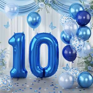 lot 12016 image: Dark Blue Number 10 Balloon, Large 40 Inch with Metallic Light Navy Blue Silver Confetti, Self Inflating Helium Foil One Balloon for Boys 10th Birthday Party Anniversary Decorations