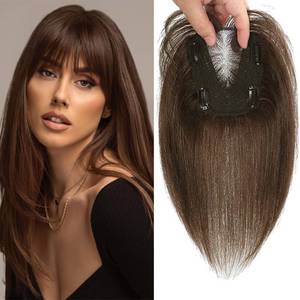 lot 12035 image: HVVZOY Hair Toppers for Women Real Human Hair, 360° 3D Real Human Hair Toppers for Women with Thinning Hair Clip in Bangs Big Coverage 12 Inch Hairpieces (Mocha Brown, 3D Wispy Bangs)
