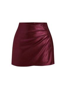 lot 12040 image: GORGLITTER Womens High Waisted Leather Skirt Wrap Ruched Bodycon Mini Skirts Maroon Small (Used)