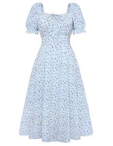 lot 12045 image: Belle Poque Blue Floral Dress for Women 2026 Spring Summer Sundress Vintage Cottagecore Short Sleeve Midi Dress XXL