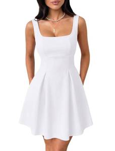 lot 12049 image: IWD Womens Square Neck Sleeveless Mini Dress Adjustable Strap Sexy Backless Bow Tie A Line Short Party Dresses White Small