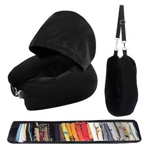 lot 12054 image: Lulttihy Stuffable Travel Neck Pillow with Hood, Soft Velvet Pillow Stuffable with Clothes, Adjustable Neck Size, Multifunctional Fillable Airplane Travel Neck Pillow for Extra Luggage (No  Foam Piece)