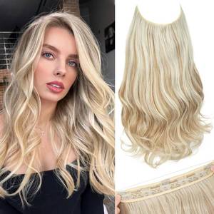 lot 12090 image: SARLA Invisible Wire Hair Extensions with 3 Clips Long Wavy Curly Synthetic Hairpiece for Women Adjustable Transparent Headband 18 Inch Sunny Blonde