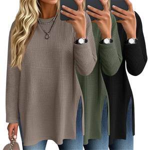 lot 12420 image: Baggyfly 3 Pack Womens Waffle Knit Long Sleeve Tops Oversized Crewneck Loose T Shirts Fall Winter Casual Basic Blouses(Black, Olive Green, Coffee,Medium)