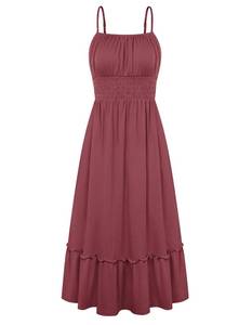 lot 12425 image: GRACE KARIN Womens Spaghetti Strap Dress Flowy Ruffle Dresses Sleeveless Swing A-Line Sundress Smocked Cami Dress with Pockets Brick Red L