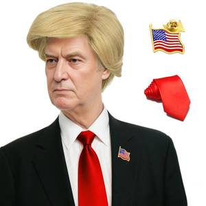 lot 12439 image: Bettecos Mens Blonde Billionaire Wig for Presidential Costume - Funny Celebrity Wigs with Red Tie and Flag Pin for Halloween Party (Adult)
