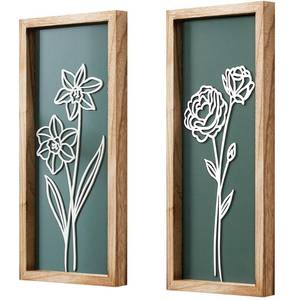 lot 12454 image: HKBS 3D Wooden Floral Wall Art, Set of 2 Framed Flowers Wall Art Sculptures, Boho Farmhouse Minimalist decor for Bathroom, Bedroom, Living Room, Kitchen or Office Wall Decorations Housewarming Gifts (Green)