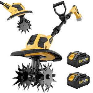 lot 13582 image: 21V Cordless Tiller Cultivator, 2x4.0Ah Battery Powered Electric Garden Tiller, 360RPM Rototiller with 48 Steel Tines, 9.7 Width & 7 Depth, Lightweight Soil Tiller for Gardening