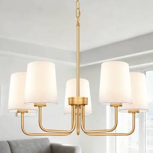 lot 13592 image: Laiebri Farmhouse Chandelier, 5-Light Gold Chandelier with White Fabric Shade, Height Adjustable Modern Dining Room Light Fixture with E26 Base for Bedroom Foyer Hallway Entryway Kitchen Living Room