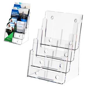 lot 13603 image: Argvey Acrylic Brochure Holder 8.5 x 11 inches, 4 Tier Clear Brochure Display Stand with Removable Divider for Trifold 4 Inches Wide Pamphlet, Plastic Flyer Holder for Magazine, Literature, Booklet