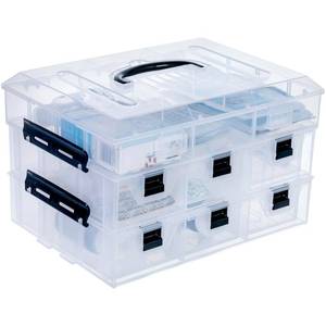 lot 13604 image: MyGift 11 Inch Clear Plastic Storage Box Container, Arts and Crafts Sewing Supplies Organizer Case with Black Accents, 24 Customizable Compartments, and 6 Drawers with Removable Dividers