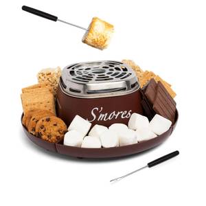 lot 14338 image: Nostalgia Tabletop Indoor Electric Smores Maker - Smores Kit With Marshmallow Roasting Sticks and 4 Trays for Graham Crackers, Chocolate, and Marshmallows - Movie Night Supplies - Brown