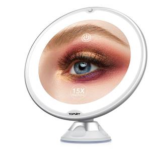 lot 14344 image: TOPVIRT Flexible 15X Magnifying Suction Mirror - Dimmable LED Vanity Mirror, Power Suction Cup, Portable for Home Bathroom - Ideal for Detailed Makeup Eyeshadow Eyeliner (Medium)
