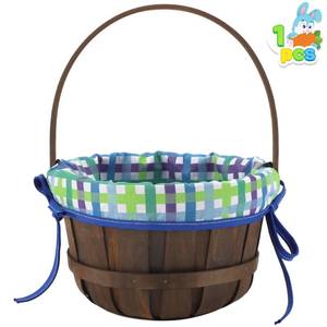 lot 14384 image: JOYIN Easter Woven Basket with Lining, Brown Wooden Easter Egg Hunt Basket with Handle for Picnic,Goodie Storage, Gift Packing, Party Favors Supplies Decorations, Filling with Candy(12.4 x 9.1)
