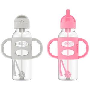 lot 14398 image: Dr. Browns Milestones Narrow Sippy Straw Bottle, Spill-Proof with 100% Silicone Handles and Weighted Straw, 8 oz250 mL, GrayPink, 6m