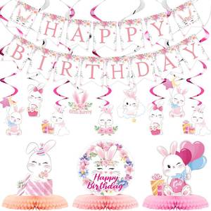 lot 14403 image: 26 Pcs Bunny Birthday Party Decorations Kit Supplies Bunny Birthday Banner Honeycomb Centerpiece Rabbit Hanging Swirls Cutouts for Girl Baby Shower Easter Party Supplies