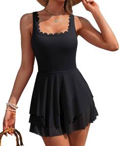 lot 14411 image: Charmo Women One Piece Swimdress Tummy Control Swimsuit Full Coverage Bathing Suit Modest Mesh Sheer Swim Skirt Black M