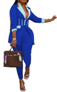 lot 14433 image: Womens Sexy 2 Pieces Paneled Lapel V Neck Blazer Jackets Bodycon Pants Party Clubwear Tracksuit Outfits Suit Set(Blue,S)