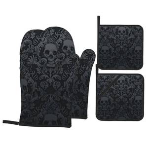 lot 14466 image: NELife Victorian Gothic Black Skull Damask Oven Mitts and Pot Holders Sets of 4,Resistant Hot Pads with Polyester Non-Slip BBQ Gloves for Kitchen,Cooking,Baking,Grilling