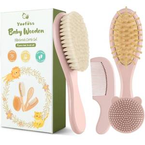 lot 14467 image: Yoofoss 4 Piece Baby Hair Brush and Comb Set��Wooden Baby Hair Brush with Natural Ultra Soft Goat Hair, Baby Comb Set for Boy, Girl - Pink