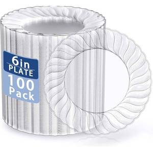 lot 14471 image: U-QE 100 Pieces Clear Plastic Plates-6 Inch Plastic Dessert Plates Disposable - Washable & Reusable - Premium Hard Clear Plates Fancy Disposable Heavy Duty Plastic Plates for Party,Weddings and Events