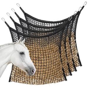 lot 14485 image: MKO SHUN 4 PCS Slow Feed Hay Net for Horses, Large Capacity Hay Bags for Horses Goats Sheep Donkey Trailer Full Day Feeding, Easy to Fill and Hang, Black, 35 x 31 Inch