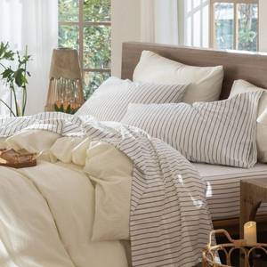 lot 18098 image: MooMee Striped Sheet Set 100% Washed Cotton Linen Like Textured Breathable Durable Soft Comfy (White Dark Grey Wide Stripes, King)