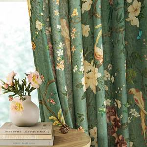 lot 18150 image: Extra Long Olive Green Spring Linen Floral Bird Curtains 108 Inch Length 2 Panels Back Tab for Living Room Boho Semi Sheer Leaf Flower Patterned Drapes Vintage Country Light Filtering Dining Room