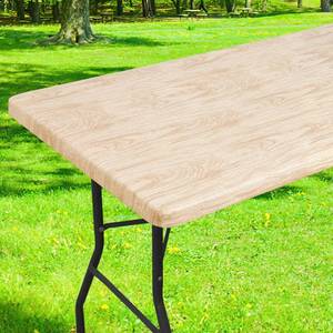 lot 18155 image: Smiry Rectangle Table Cloth Cover, Waterproof Elastic Fitted Picnic Tablecloth for 8 Foot Tables, Wipeable Flannel Backed Vinyl Tablecloths for Camping, Dining, Outdoor (Beige Wood, 36 x 96)