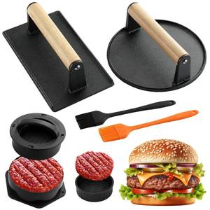 lot 18162 image: POLIGO Smash Burger Press Kit - 4 in 1 Stuffed Burger Mold, Cast Iron Burger Presses, Sauce Brushes Included - Non Stick Smash Burger Press Set for Grill and Griddle Cooking, Black Round and Rectangle