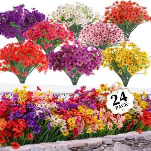 lot 18171 image: 24 Bundles Artificial Flowers for OutdoorsIndoors, Fake Flowers Plants for Indoor Outside Garden Porch Window Box Home Wedding Farmhouse(8 Color)