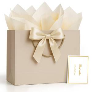 lot 18204 image: ANZNKU Gift Bags Medium with Handles with Ribbon Card and 2 Tissue Paper, 1 Pcs Cute Champagne Beige Paper Gift Wrap Bag for Wedding Party Favors Birthday Baby Bridal Shower Engagement & Mothers Day