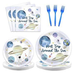 lot 18215 image: 96 PCS First Trip Around The Sun Birthday Party Decorations Outer Space Themed Decorations 1st Space Birthday Dinner Paper Plates Boho Solar System Napkins Forks Sun Theme Party Favors Supplies
