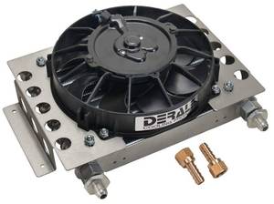 lot 19497 image: Derale Performance Fluid Cooler and Fan, 12.75 x 9.375 x 4.313 in, Plate and Fin Type, 58-18 in Female O-Ring InletOutlet, 6 AN Male Adapters, Fittings, Aluminum, Black Powder Coat, Universal