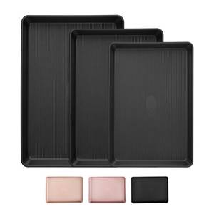 lot 19520 image: Sakerplus Nonstick Baking Sheet Pan Set of 3, Heavy Duty Cookie Sheets for Oven with Stripe Texture Pattern, 0.6mm Thick QuarterHalfJelly Roll Pans, Rust-Resistant & Easy Clean (Black)