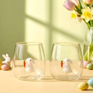 lot 19522 image: Potchen 2 Pcs 3D Easter Bunny Stemless Wine Glass 18 oz Drinking Glasses Cup With Bunny for Easter Dinner Party Birthday Holiday