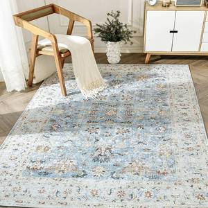 lot 19530 image: jinchan Area Rug 3x5 Entryway Rug - Washable Vintage Boho Floral Floor Cover Lightweight Low Pile Indoor Doormat Thin Non-Slip Carpet for Kitchen Living Room Bedroom Dining Room Office Light Blue