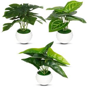 lot 19533 image: EQUSPUR 3Pcs 7 Small Artificial Plants in Ceramic Pots, Faux Potted Plants Indoor Small Green Leaf Tropical Fake Plant for Home Room Office Table Shelf Desk Decor