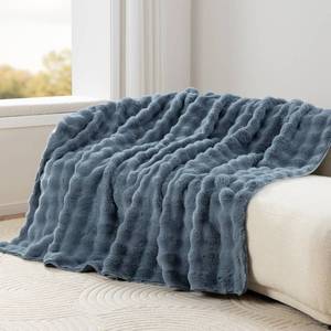 lot 19539 image: Berkshire Faux Fur & Velisse Reversible Blanket - Ultra Soft Plush Blanket for Couch and Bed, Luxury Fluffy Sofa Decor, 60 x 90, Polar Blue