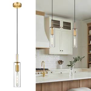 lot 19548 image: AUTELO 1-Light Pendant Lights Kitchen Island - Gold Pendant Light Fixtures, Vintage Hanging Lamp in Metal Finish with Clear Linear Glass, Kitchen Pendant Lighting over Island for Dining Room, H3875 BG