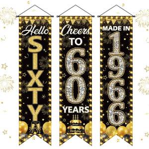 lot 20370 image: 3 Pieces 60th Birthday Party Banners 60th Birthday Decorations for Men Women Black Gold 1966 Porch Signs Cheers to 60th Hanging Backdrops Black Gold Sixty Birthday Party Door Wall Decor Supplies