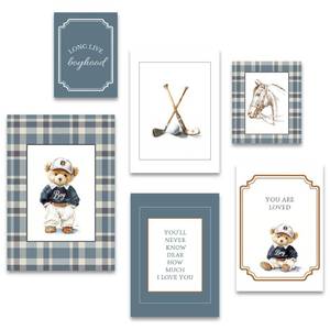 lot 20377 image: 6 Pcs Boy Teddy Bear Nursery Wall Art Blue Long Live Boyhood Wall Decor Pictures Lattice Horsehead Golf Canvas Posters Prints for Boys Kids Toddler Room Home Decoration 8x10in Unframed (3 pieces only)