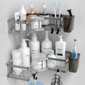 lot 20390 image: Corner Shower Caddy Bathroom Organizer AKTECKE 2 Pack Adhesive Shelf Decor- No Drilling Stainless Steel Storage Rack with Hooks and Toothpaste Holder - Accessories Stuff