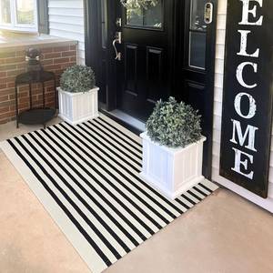 lot 20402 image: KILOCOCO Beige Striped Rug 3x5 Indoor Outdoor Rugs Front Door Rugs Hand Woven Cotton Washable Striped Layered Doormats for Front PorchKitchenFarmhouseEntrywayPatio