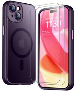 lot 20406 image: SPIDERCASE for iPhone 15 Case, Magnetic Translucent Matte Case with 2PCS Tempered Glass Screen Protector Slim Phone Case for iPhone 15 6.1, Purple