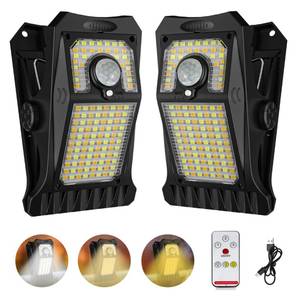 lot 20445 image: Tryme 118Leds Solar Lights Outdoor Clip Motion Sensor Lights Security Light 3 Modes, 3 Color Temperature, Solar Powered, USB Charging (2 Pack)