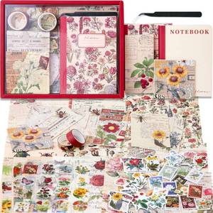 lot 20450 image: emmoolife Vintage Aesthetic Scrapbooking Supplies Kit, Flowers Botanical Bullet Junk Journal Kit with Journaling Supplies, Tweezers, A6 Grid Notebook,Stationery,Sticker, Birthday Craft Gift for Adult