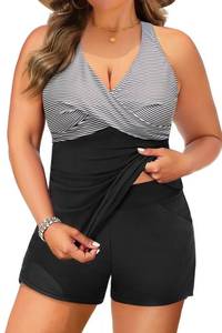 lot 20456 image: Daci Plus Size Tankini Swimsuit for Women - Two Piece Tummy Control Bathing Suit Tankini Top with Two Pockets Shorts Black Striped 16 Plus